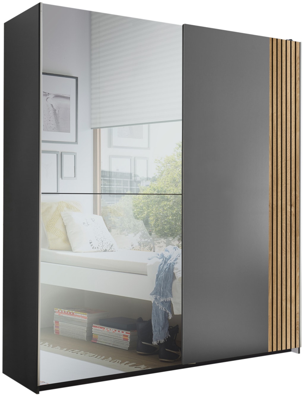 Schlafkontor Schwebetürenschrank »Berno Kleiderschrank mit Schiebetüren und Spiegelfront« Rillenoptik & Graphitabsetzung