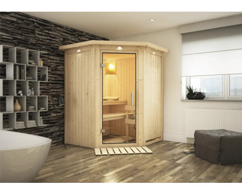 Plug & Play Sauna Karibu Achat II zonder kachel, met dakrand en volledig glazen deur van helder glas