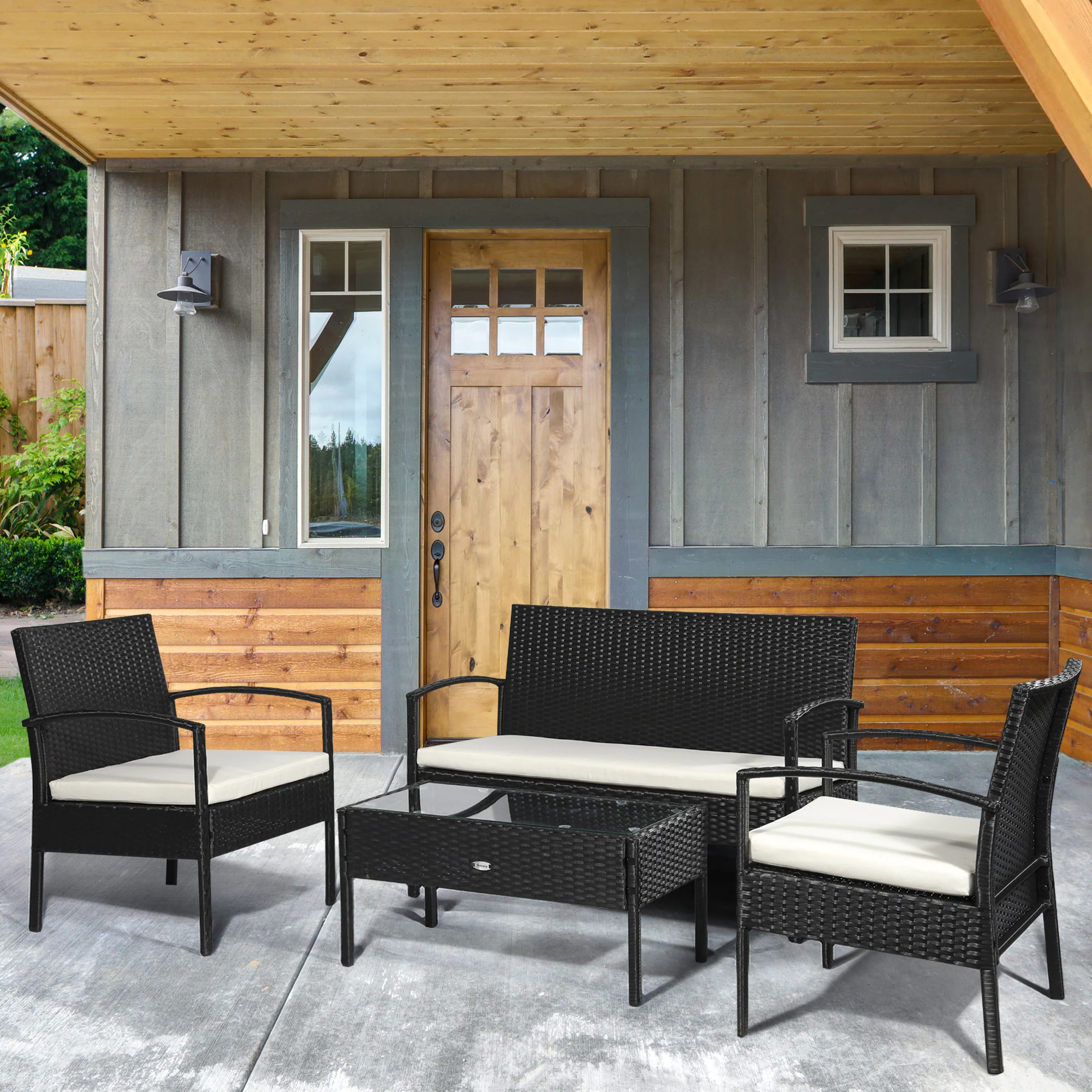 Outsunny Polyrattan Sitzgruppe als 7-teiliges Set schwarz, cremeweiß