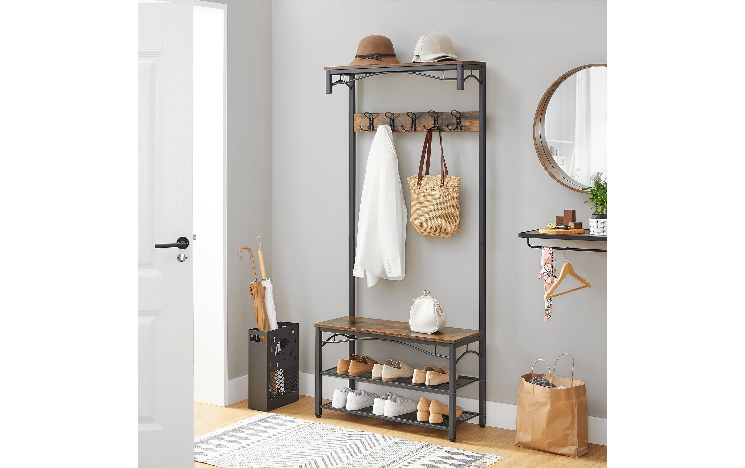 Garderobe mit Schuhregal 178.5 cm, Braun/SchwarzKleiderständer mit Sitzbank