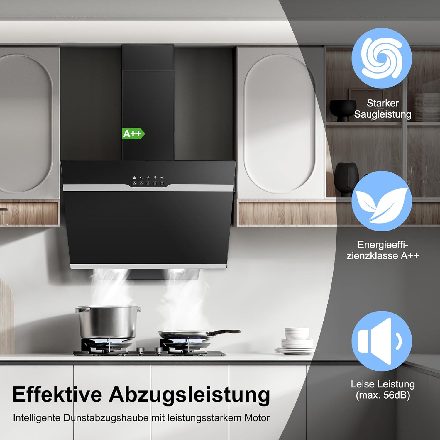 SNDOAS Dunstabzugshaube 60cm, Abzugshaube mit 350 m³/h Starker Saugleistung, 3 Geschwindigkeiten, Abluft-/Umluftmodus, Leise Betriebsgeräusche 56dB, Schwarz