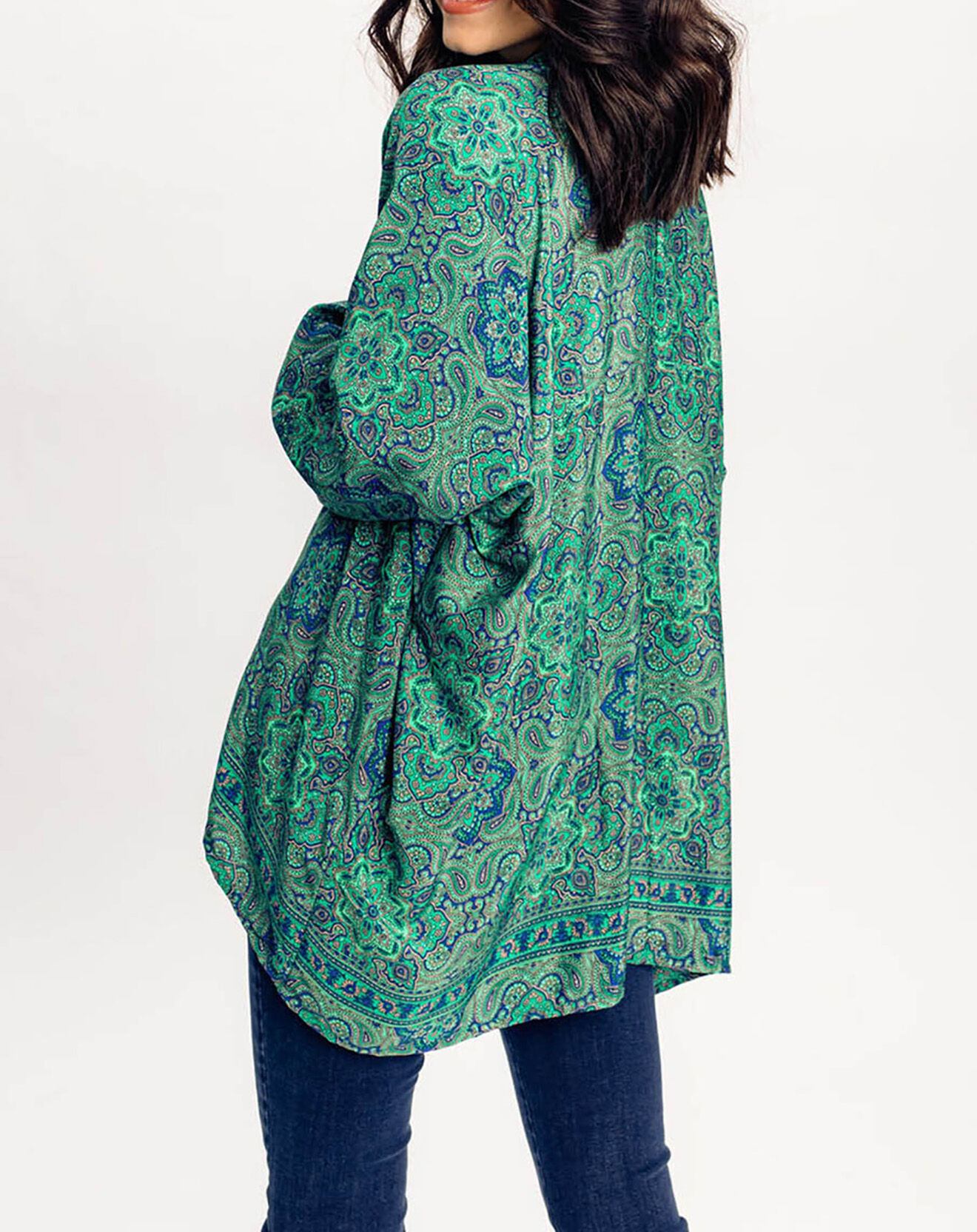 Lauren Vidal Kimono en Soie mélangée Sasha imprimé vert/bleu