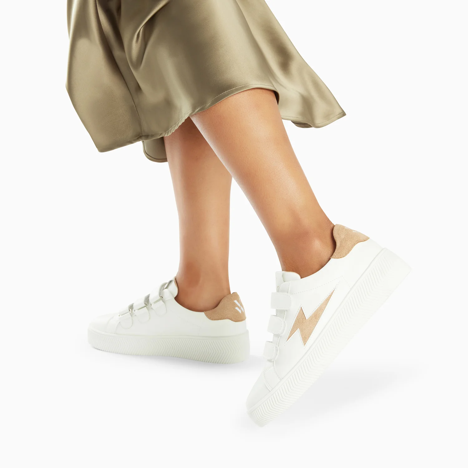 Sneakers-Baskets éclair Camelia blanc et beige à scratchs