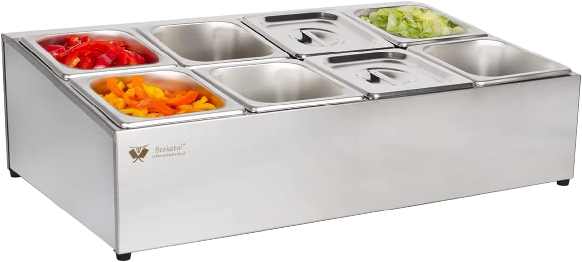 Beeketal 'BGN8-Duo' Edelstahl GN Aufsatzboard für 8 Gastronorm Behälter (zweireihig), Gastro Zutatenbehälter inkl. 8 Stück (GN) 1/6 Behälter mit Deckel, abgeschrägtes Gestell mit Anti-Rutsch Füßen
