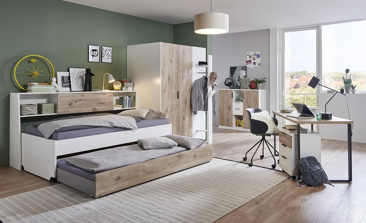 Jugendzimmer Norderney – Kinder- und Jugendzimmer in Weiß oder Weiß und Viking Oak mit großartigem begehbarem Kleiderschrank - Verschiedene Set Varianten (8 teilig in Weiß und Viking Oak)