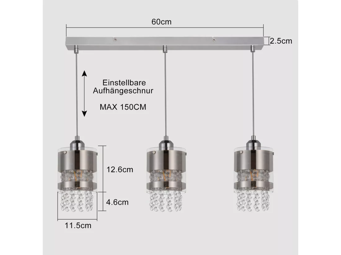 NETTLIFE Suspension 3 Ampoules E27 Moderne Diam.60CM Hauteur Réglable Design Verre et Cristal pour Salon Chambre Cuisine Salle à Manger Max.25w