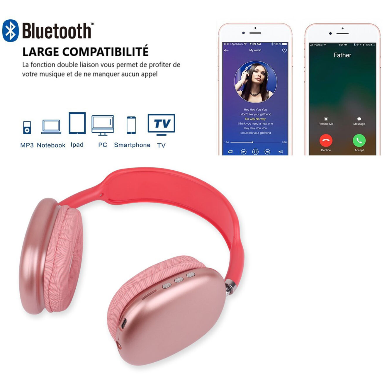 Onamaste Casque sans fil Bluetooth rouge