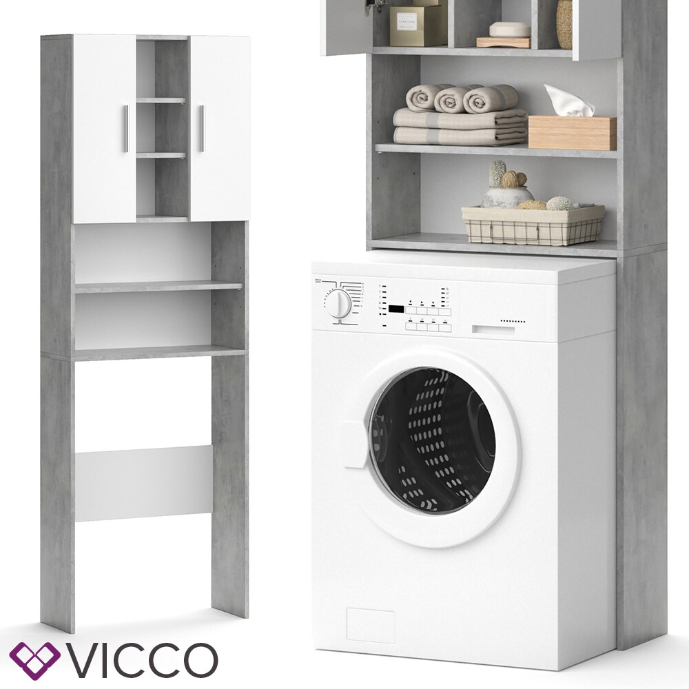 VICCO Waschmaschinenschrank LUIS 190x64cm Weiß Beton Badschrank Hochschrank