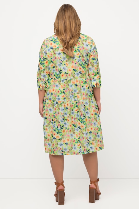 Hemdblusenkleid, Blüten, A-Linie, Hemdkragen, 3/4-Arm
