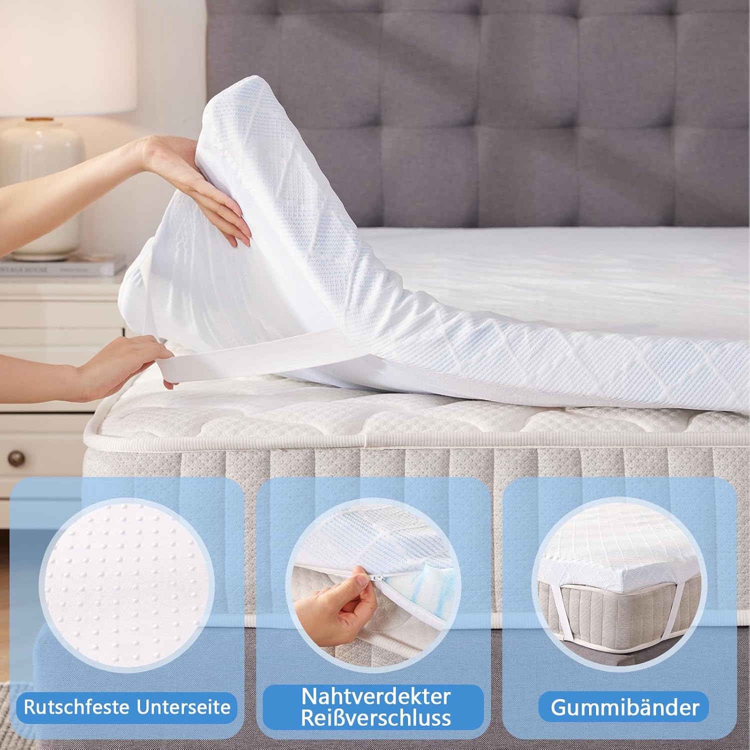 LANOX Gel-Schaum Matratzentopper 180x200x7,5 cm, extra Dicker orthopädischer Topper H3 mit 5-Zonen Design, kühlend & druckentlastend, Bezug waschbar, rutschfest, für Boxspringbett