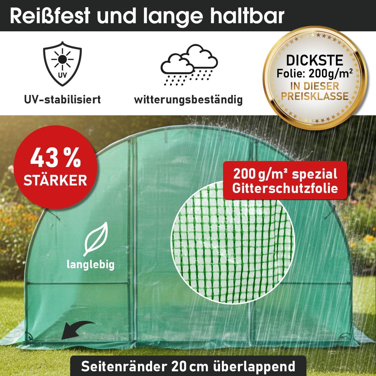 BRAST Gewächshaus Foliengewächshaus mit Stahlfundament | 2x3m - 3x8m | inkl. Erdanker Unkrautvlies & 16 Aufrollbare Fenster mit Moskitonetz | UV-stabilisierte Gitterschutzfolie 200g/m² | 300x800cm