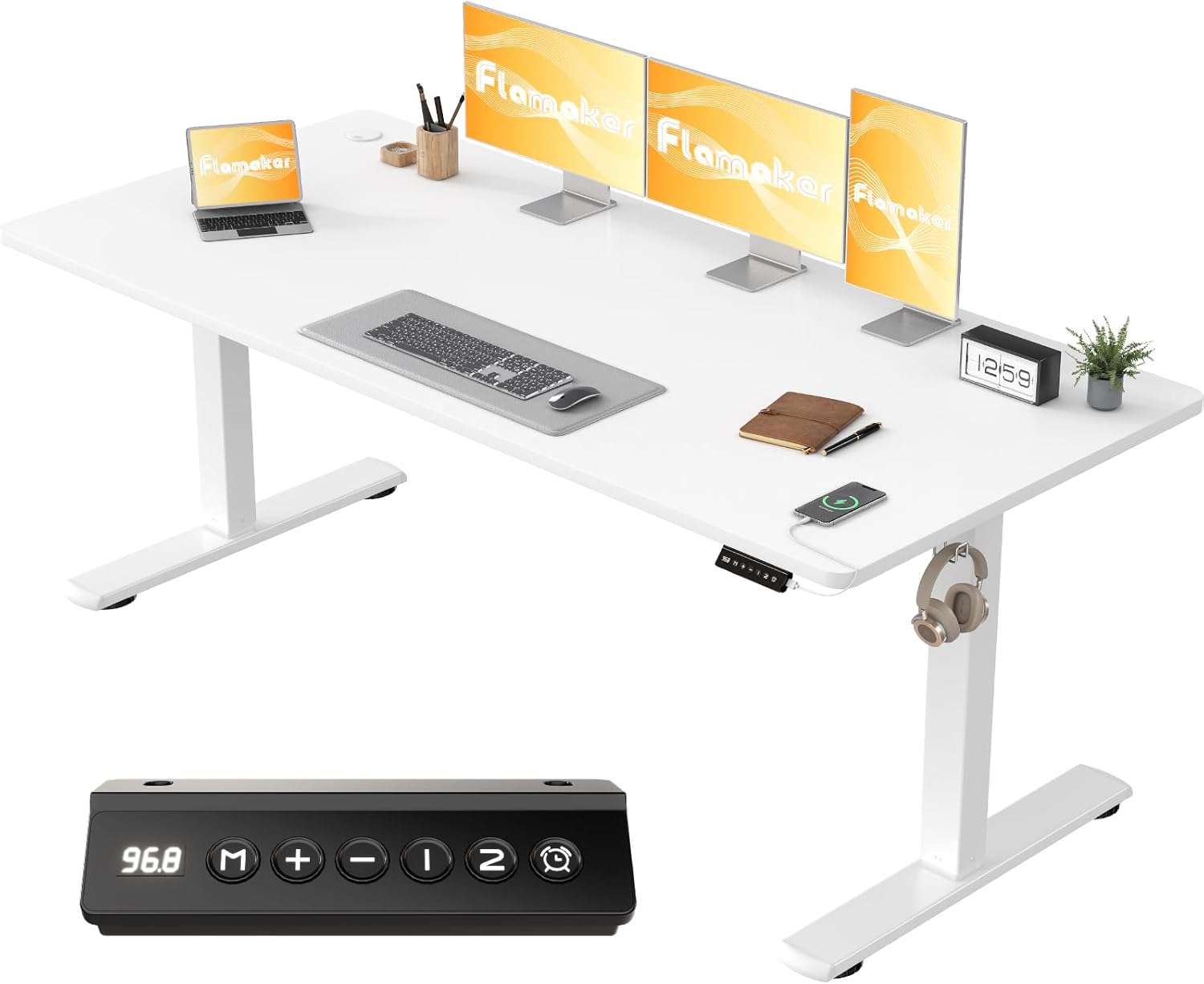 Flamaker Höhenverstellbarer Schreibtisch Ganze Tischplatte 160 x 60 cm, Schreibtisch Höhenverstellbar Elektrisch mit Memory Steuerung, Gaming Tisch mit Sitzende Erinnerung und USB-Aufladung (Weiß)