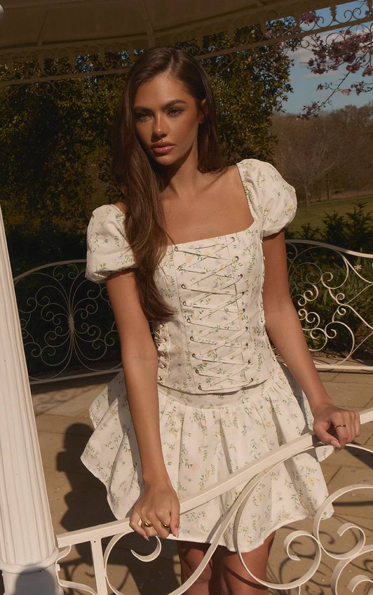 Blanc Ensemble Corset En Coton Imprimé Fleuri Ditsy