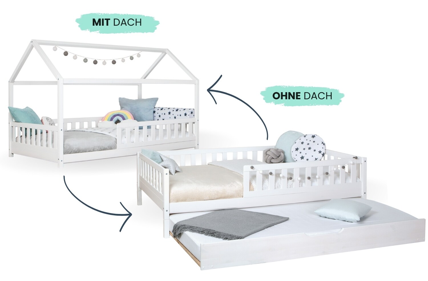 TiCAA 2 in 1 Hausbett Bodenbett wandelbar mit abnehmbaren Dach Duo 90x200, 100x200 cm, 120x200 cm, 140x200 Weiß für Jungen & Mädchen mit Zusatzbett, Rausfallschutz & Rolllattenrost – aus Kiefer Massivholz