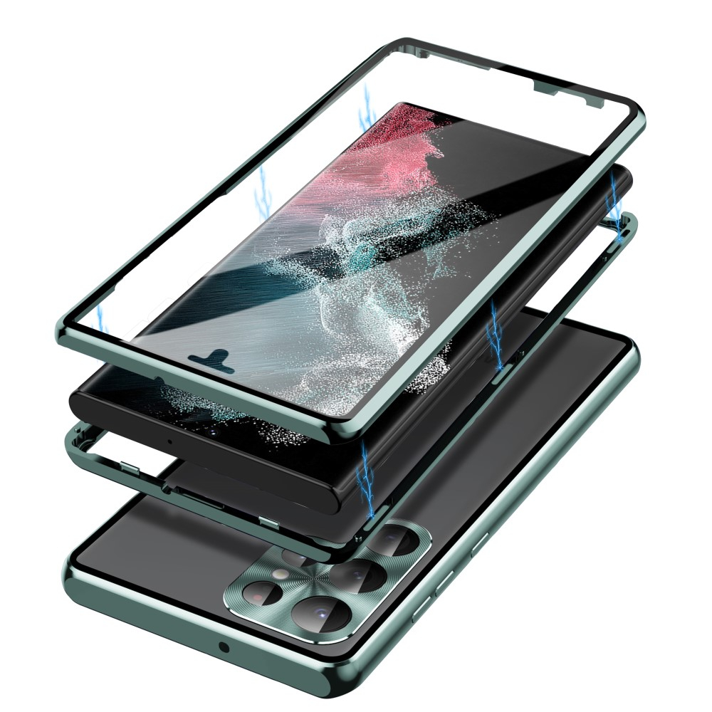 Samsung Galaxy S23 Ultra 5G Magnetische Alu Schutzhülle mit Panzer Glas Backcover   Display- / Kameraglasschutz (Verschlussmechanismus) - Grün