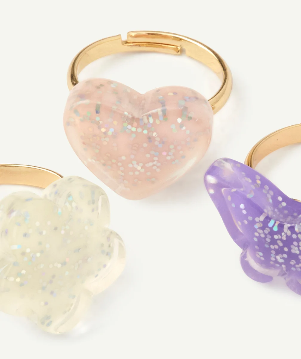 LOT DE 3 BAGUES FILLE AJUSTABLES AVEC FLEUR PAPILLON ET COEUR PAILLETÉS