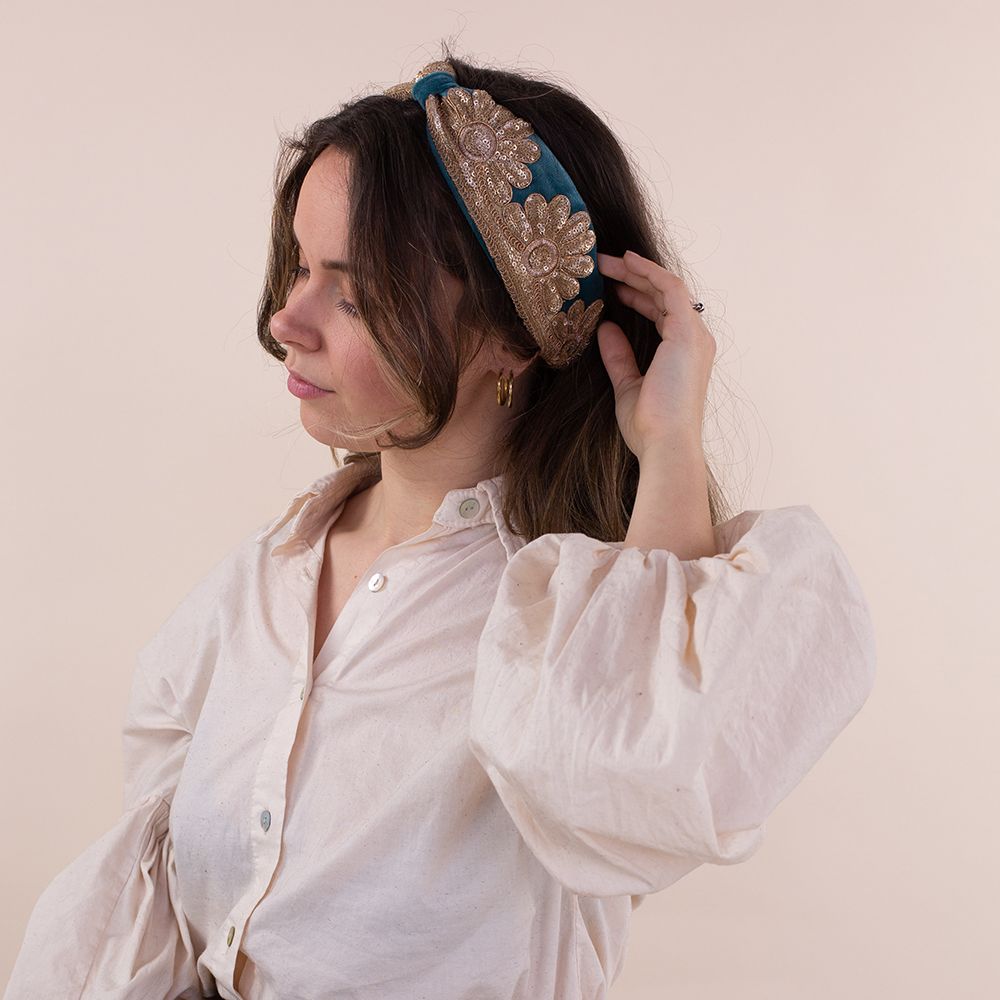 Moonrise velvet haarband Juliet blauw - goud pailletten