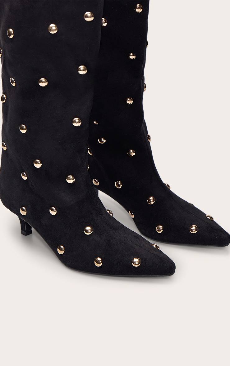 Noir Bottes À Talon Chaton En Daim Doré À Clous Bombés