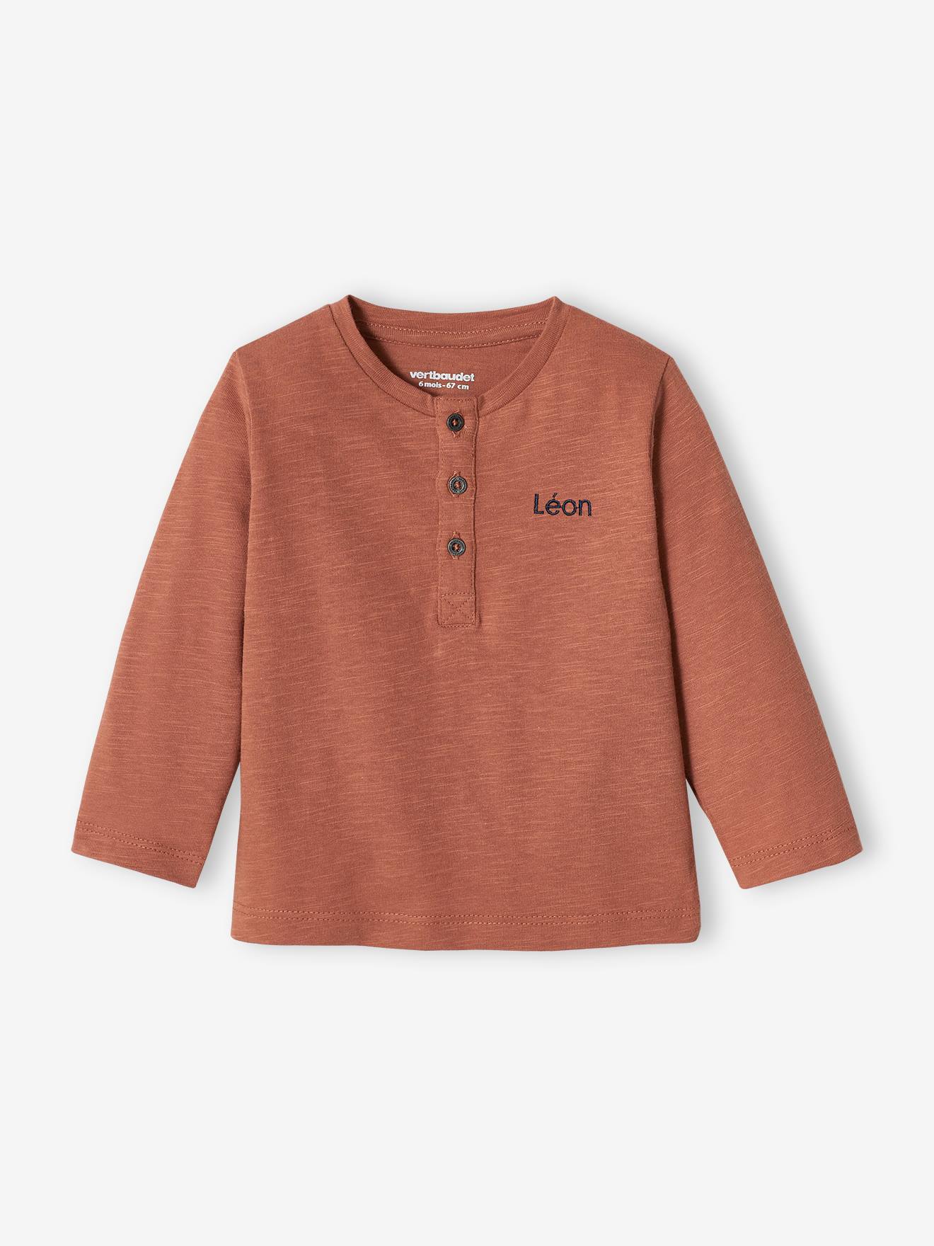 Camiseta personalizável para bebê menino, com gola tunisiana e mangas compridas, lisa, bege claro.