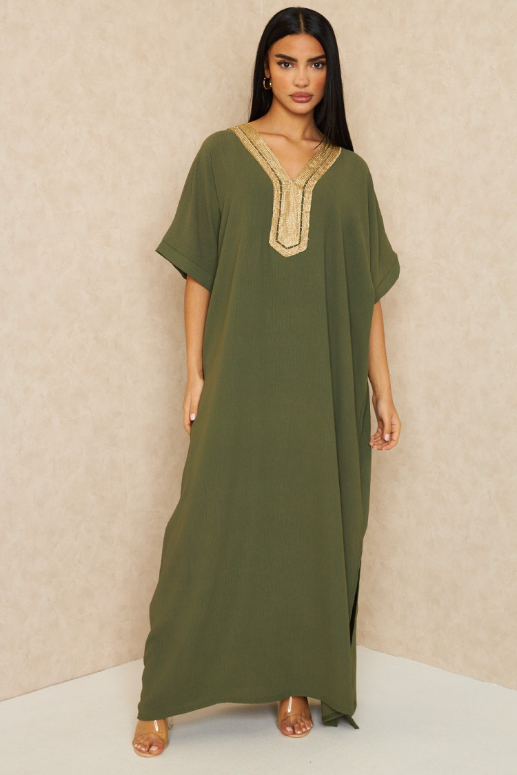Abaya kaki à broderies dorées