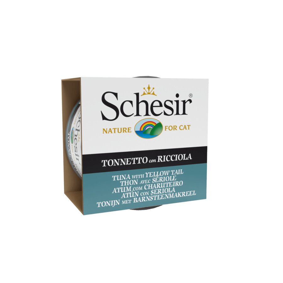 Atum adulto Schesir com amberjack em gelatina, 85g, em lata, para gatos.