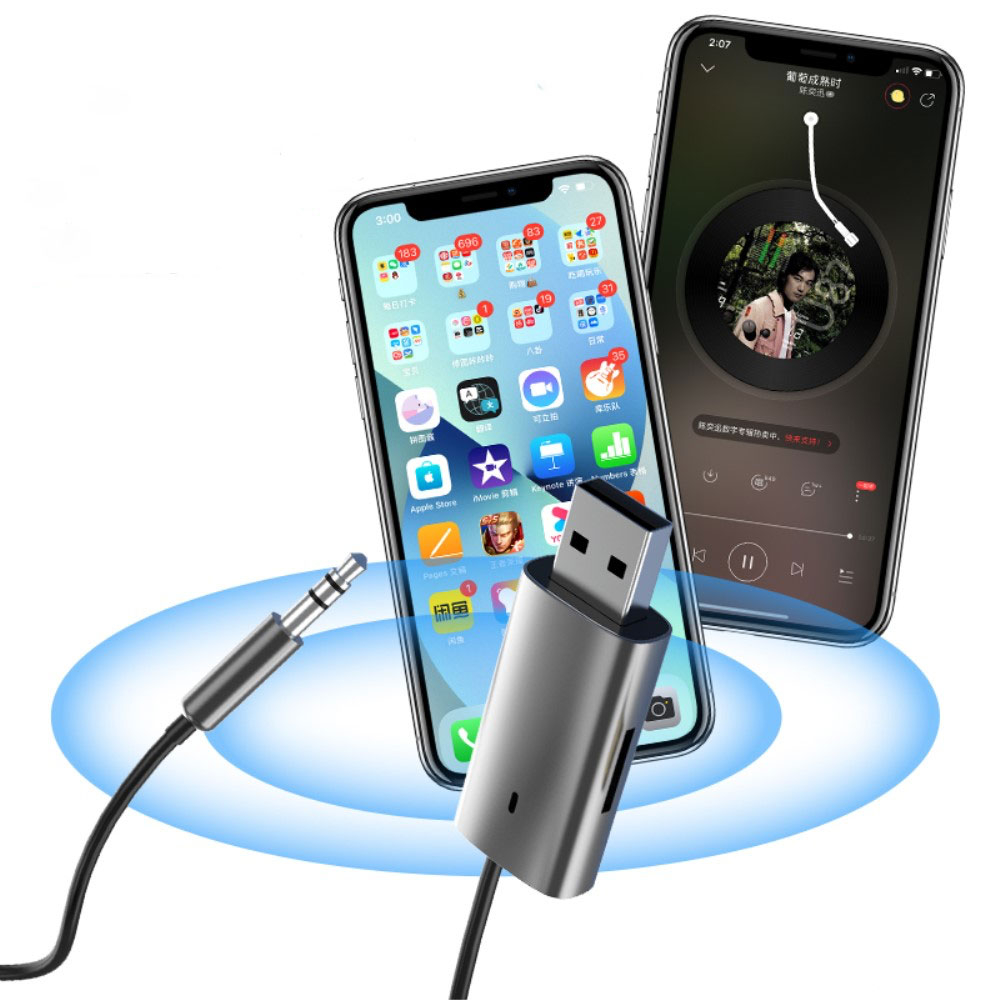 (1.2m) KFZ Bluetooth 5.1 Audio Receiver mit Freisprecheinrichtung   3.5mm Klinkeadapter Spiralkabel und Micro SD Slot - Grau / Schwarz