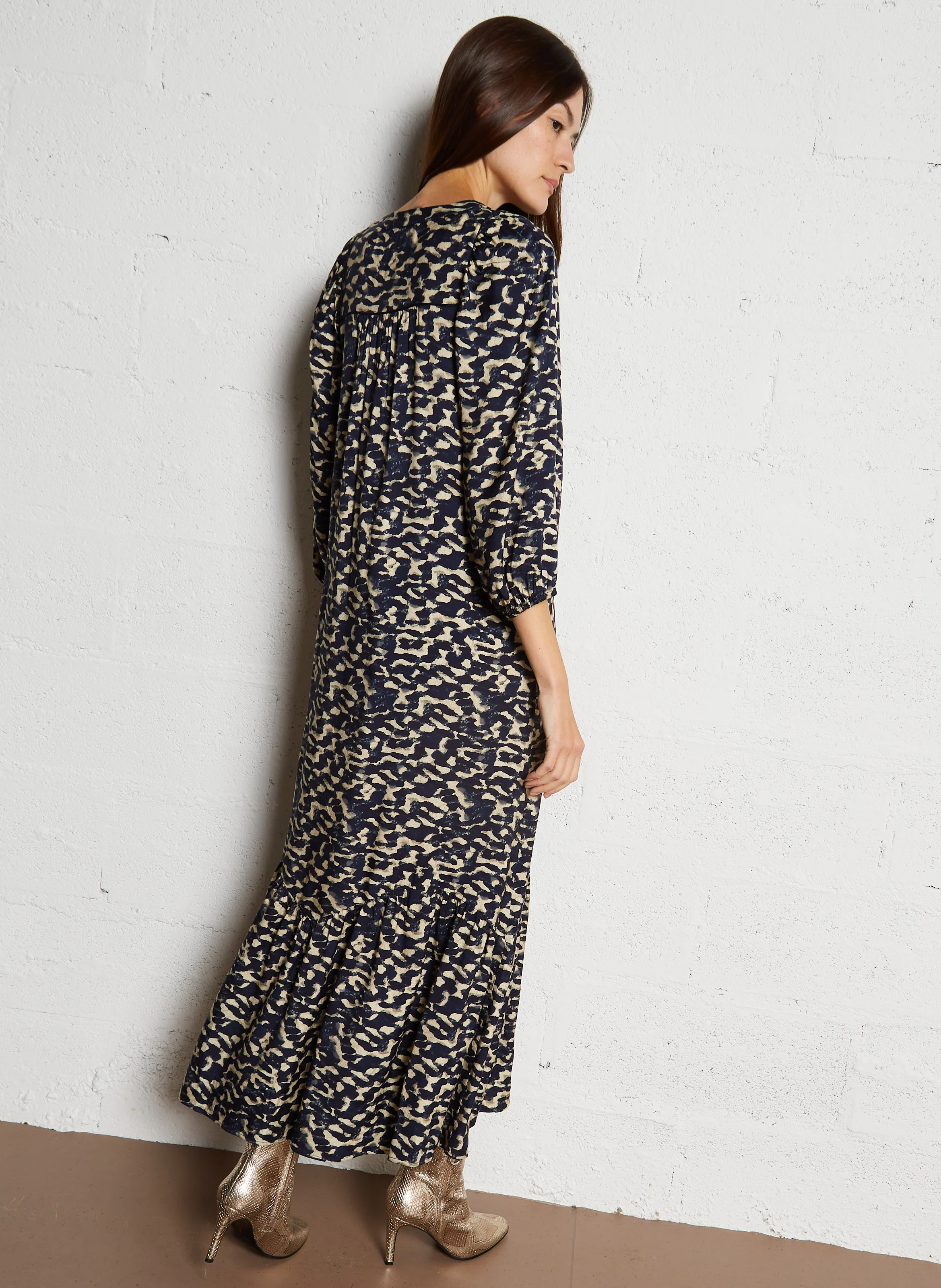 AGATHA - Robe longue droite à col V | Bleu