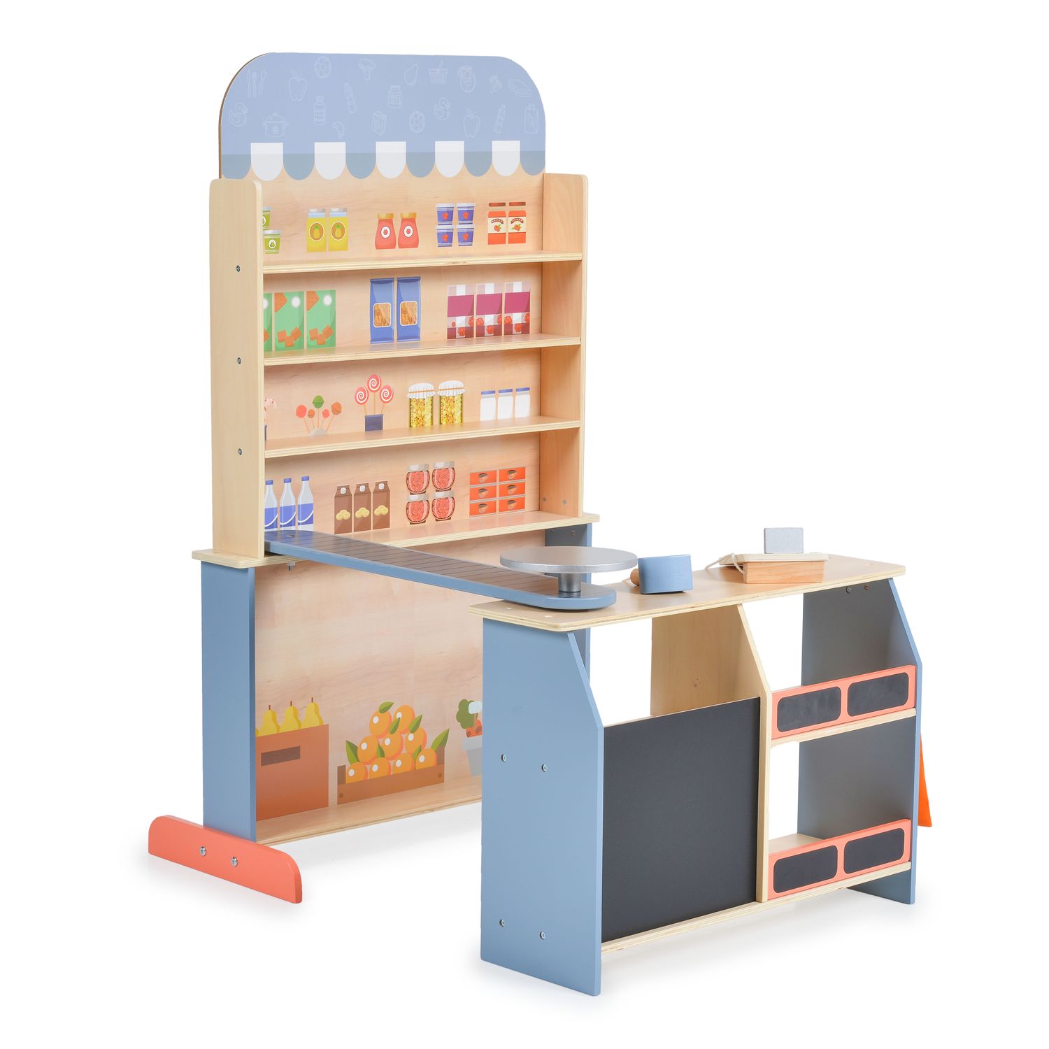 Moni Kinder Kaufladen 4426 Holz, Supermarkt, Tafel, Tasche, Kasse mit Scanner blau