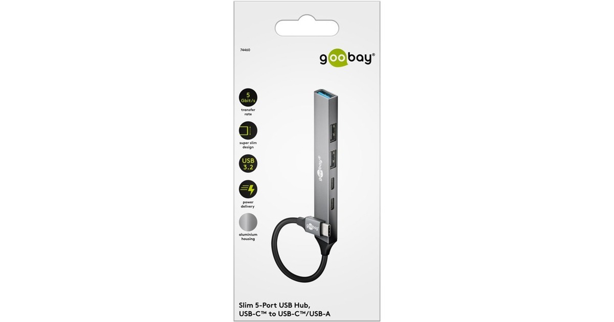 goobaySlanke USB-hub met 5 poorten, USB-C naar USB-C/USB-A, 5 Gbit/s  (Lichtgrijs)