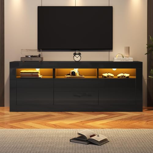 Merax TV Schrank Lowboard 160 cm mit Hochglanz-Optik, LED-Beleuchtung, Push-to-Open Schubladen, 3 offene Fächer & Stauraum für TV bis 70 Zoll – Modernes Wohnzimmer Möbel