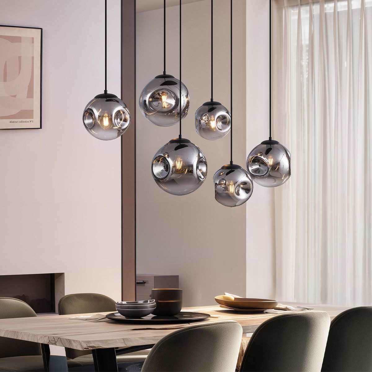 Art deco hanglamp zwart met ovale plafondplaat en smoke glas 6-lichts - Douglass