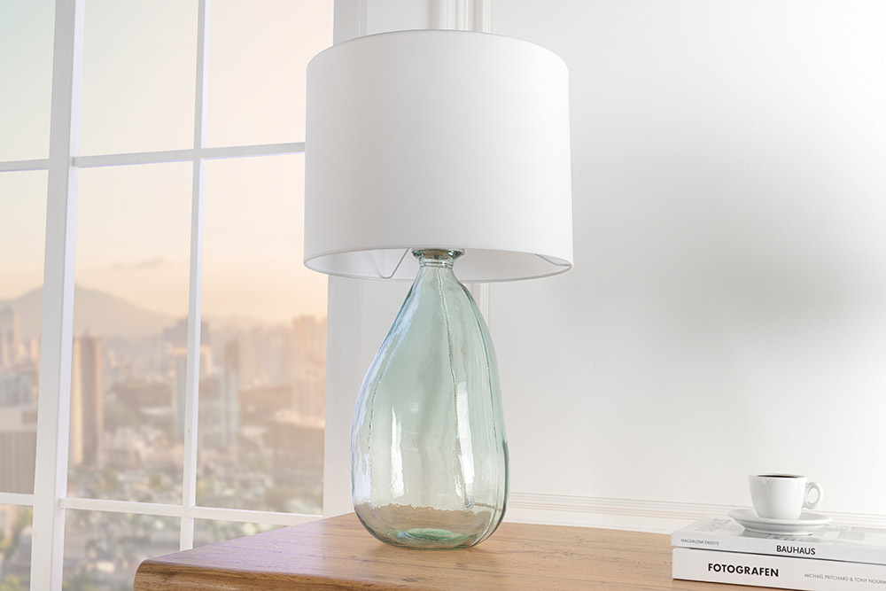 Moderne Tischlampe CLASSIC 60cm transparent recyceltes Glas weiß Stoffschirm