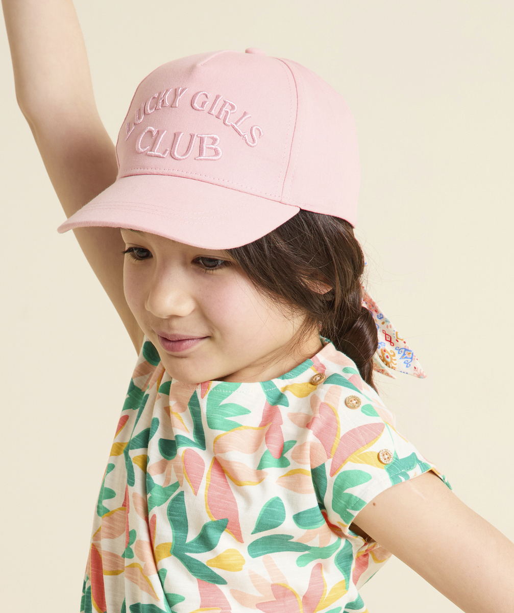CASQUETTE FILLE EN COTON ROSE AVEC MESSAGE BRODÉ ET NOEUD IMPRIMÉ