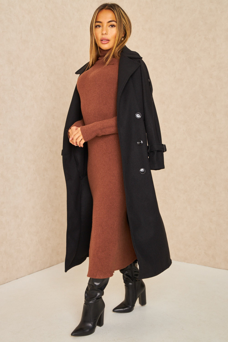 Manteau long duveteux style trench noir