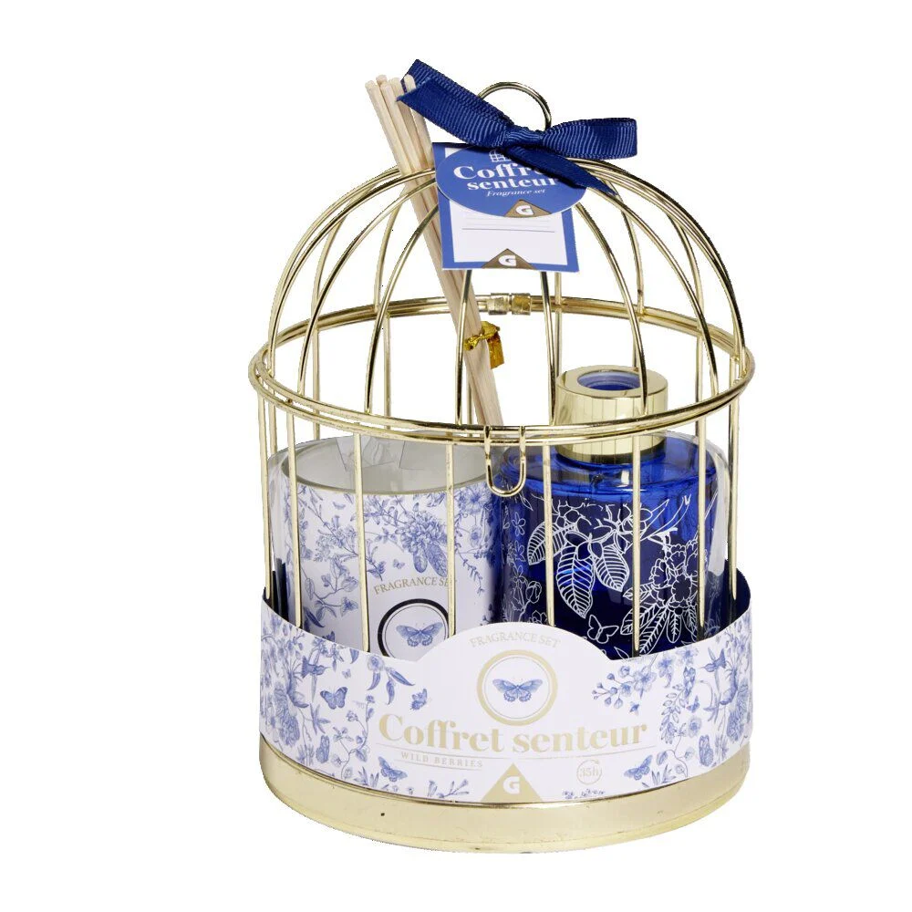 Coffret senteur sous cage diffuseur/bâtonnets/bougie - 3 modèles