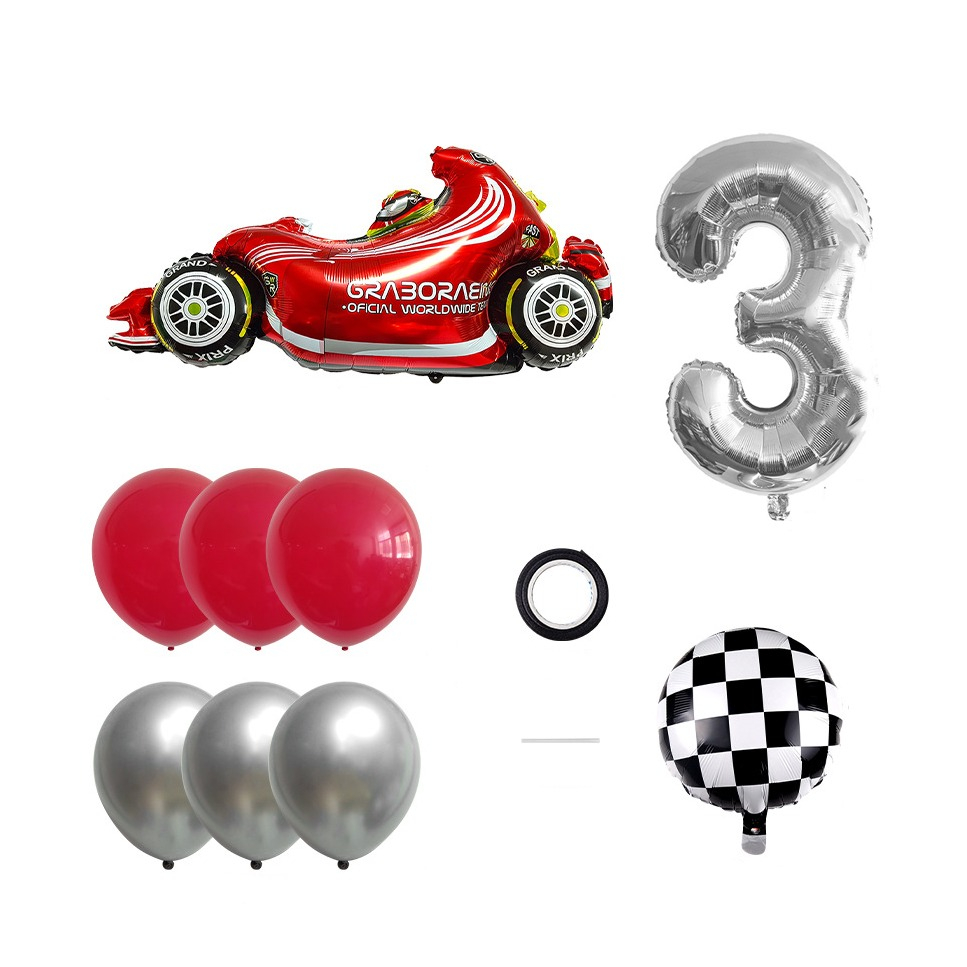 (10-tlg. Set) Zahlen Ballon Kinder Geburtstags Party Folienballon inkl. Latex Luftballon - Zahl 3 / Rennauto