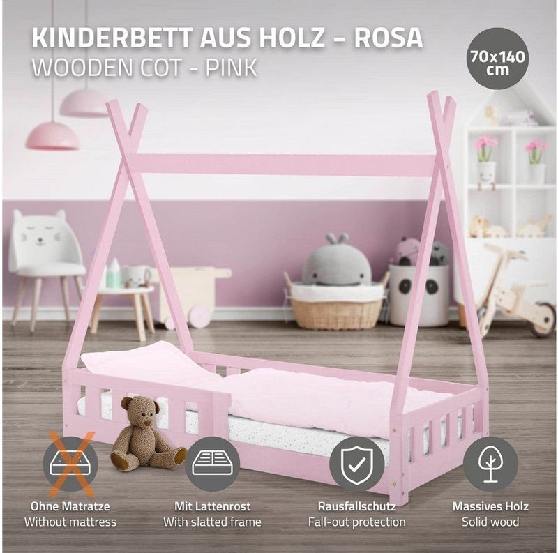 ML-Design - Kinderbed Tipi - Roze - Grenenhout - Met Uitvalbeveiliging