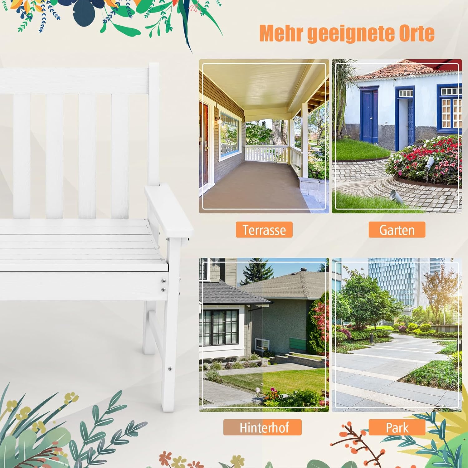COSTWAY Gartenbank wetterfest, Allwetter-Sitzbank aus HDPE, Parkbank für 2-3 Sitzer, Balkontank bis 320kg belastbar, Terrassenbank für Garten, Balkon und Terrasse, 132 x 65 x 91 cm (Weiß)