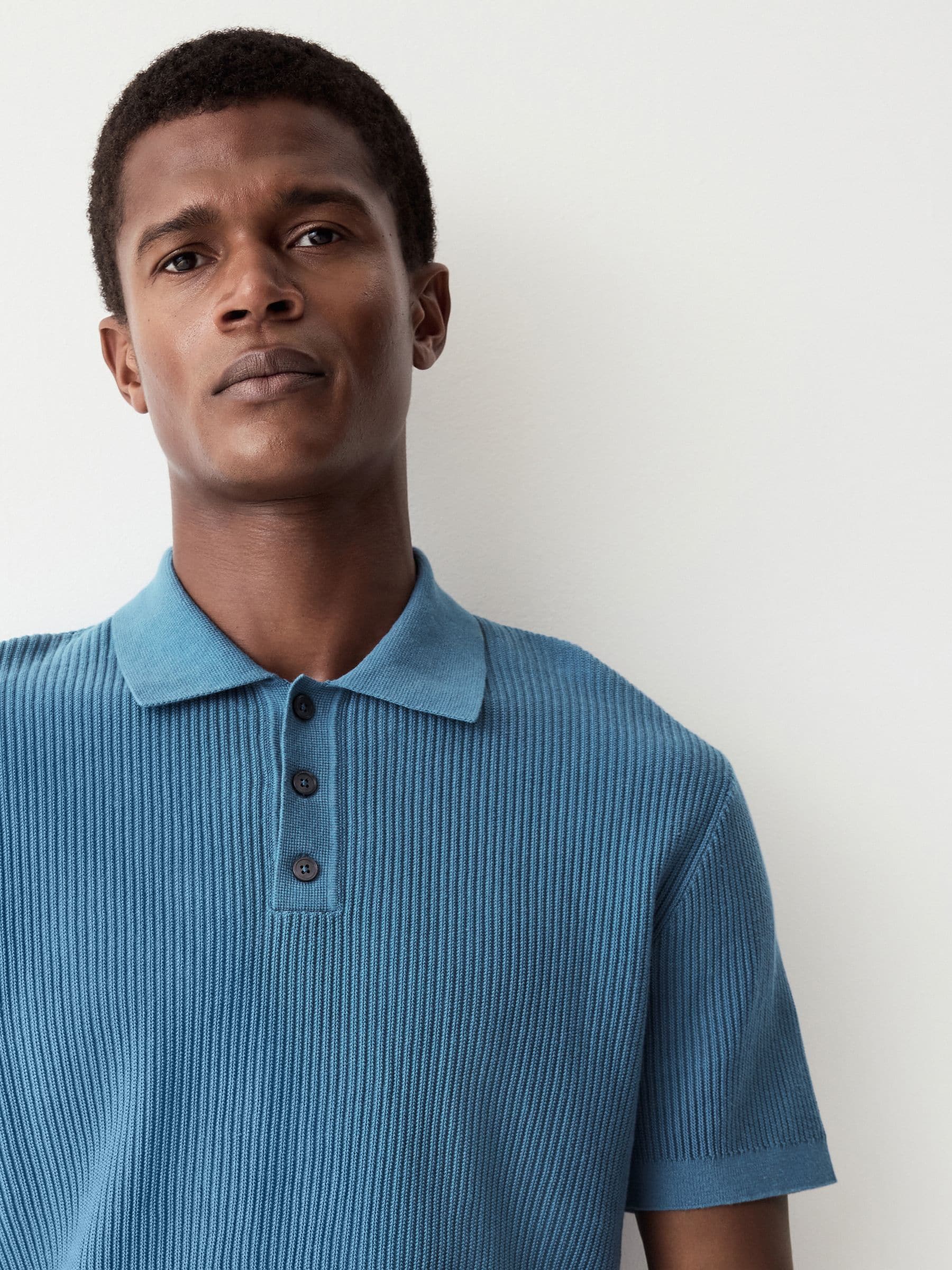 Normaal blauw - Regular fit poloshirt van 100% katoen met korte mouwen, gebreide structuur en ribbels