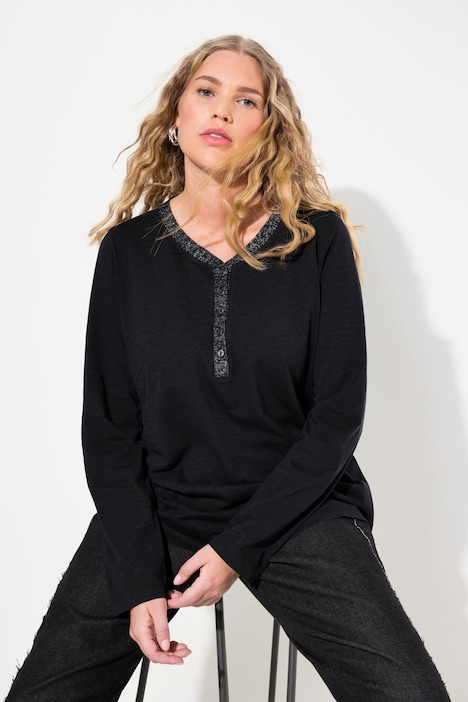 Shirt, Glitzer-Knopfleiste, V-Ausschnitt, Langarm