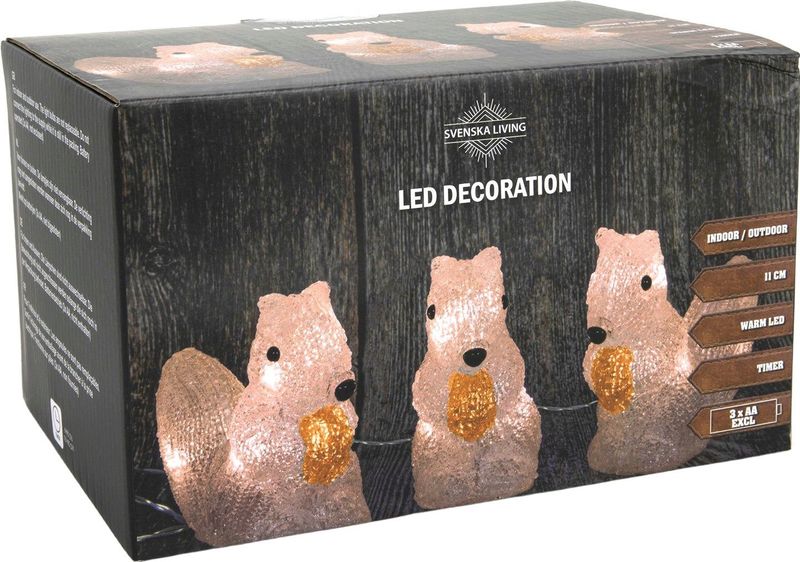 Kerstfiguur - Chip Eekhoorn - Wit - Met Verlichting - 14,5 x 20 x 12 cm - 3 Stuks