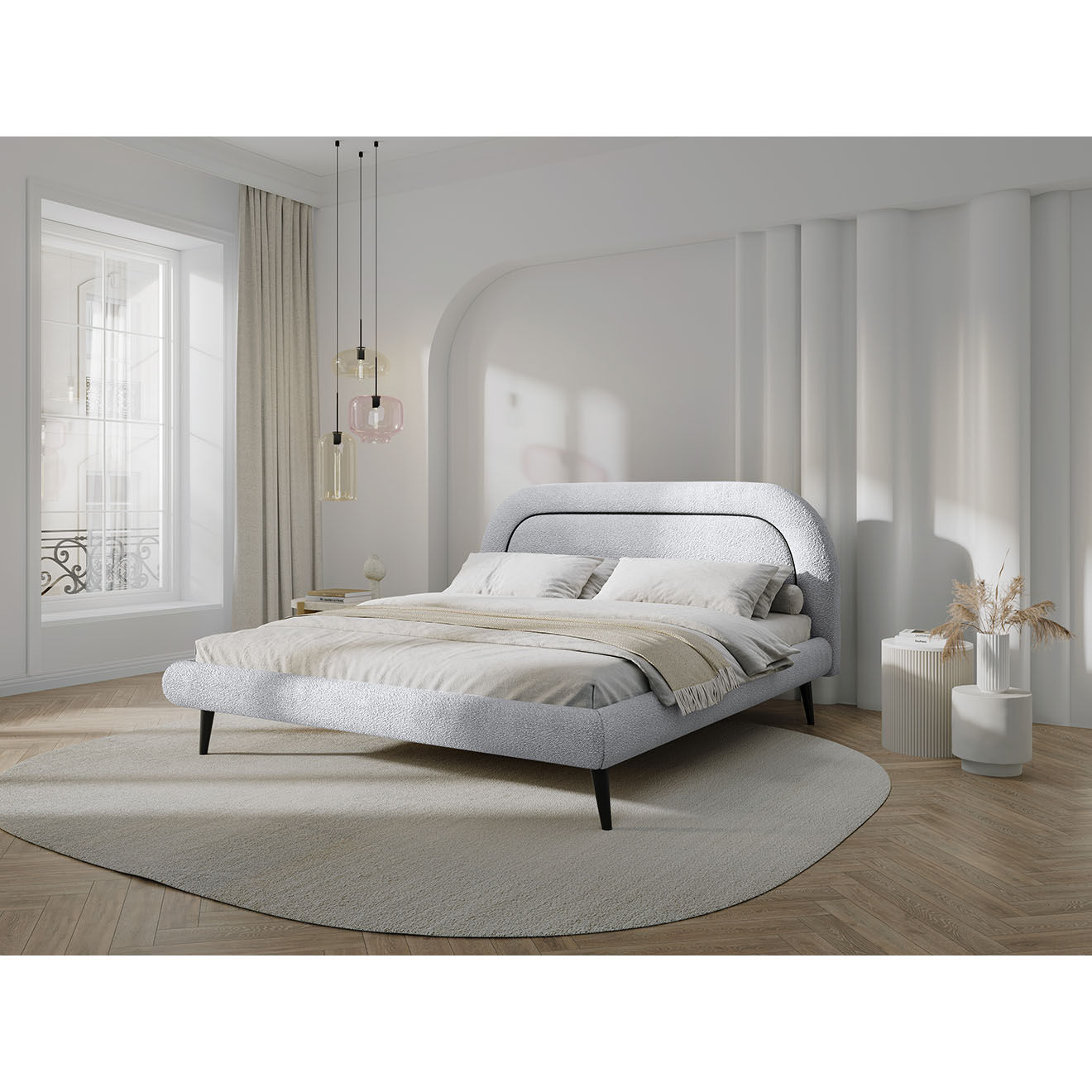 Maison Héritage Cadre avec tête de lit Maia velours bouclé gris clair - 140x200 cm