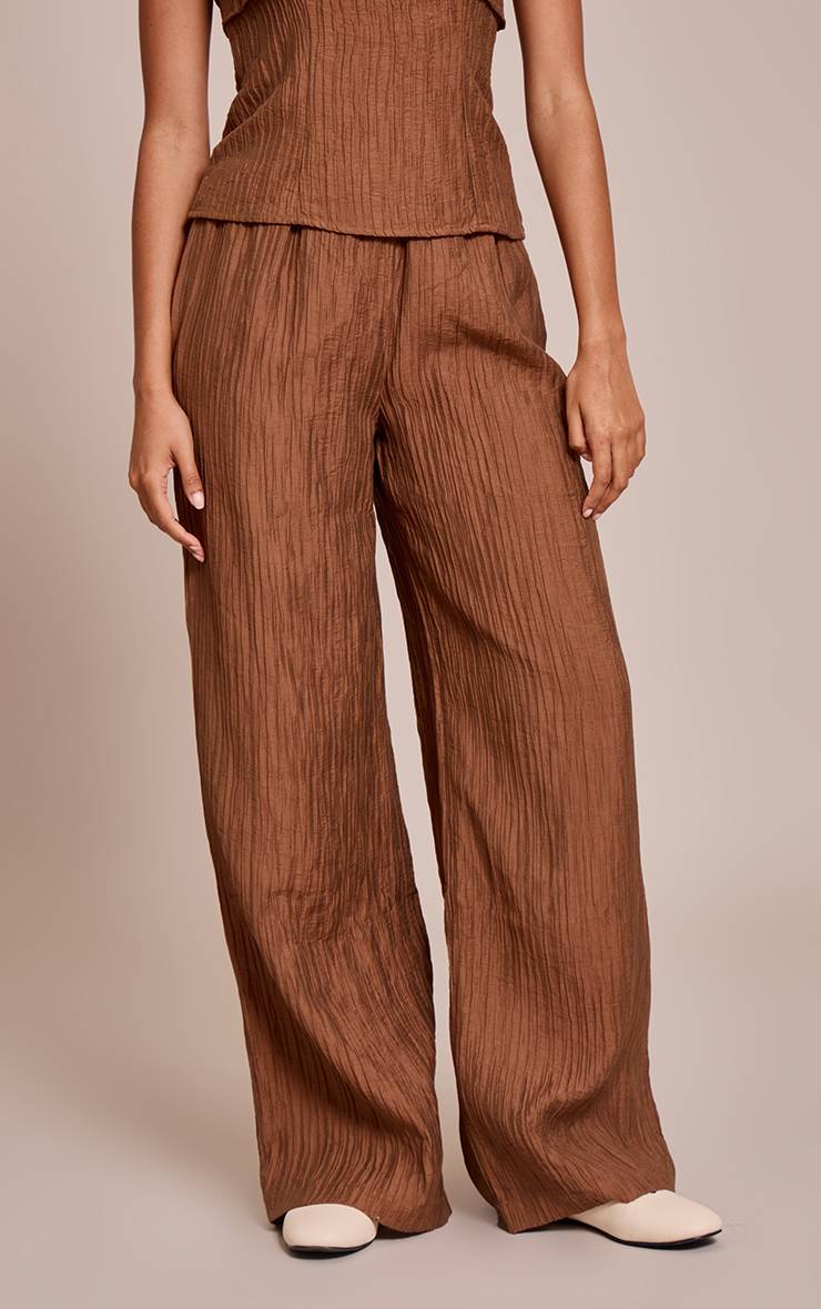 Chocolat Pantalon Large Taille Mi-haute En Tissu Texturé Tissé
