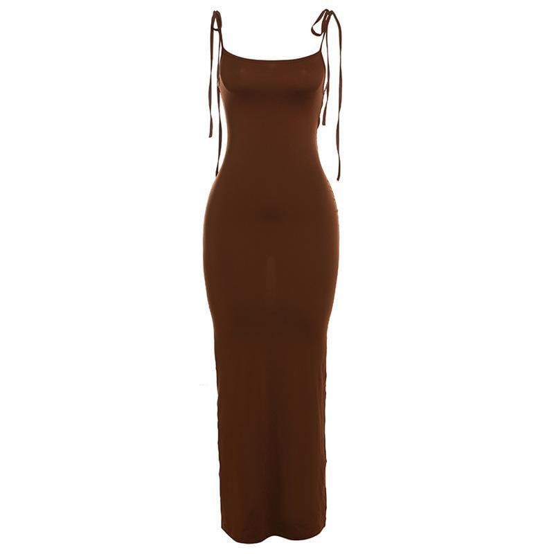 Jeshili - Spaghettibandjes Vierkante Hals Effen Gerimpelde Open Rug Maxi Bodycon Jurk
