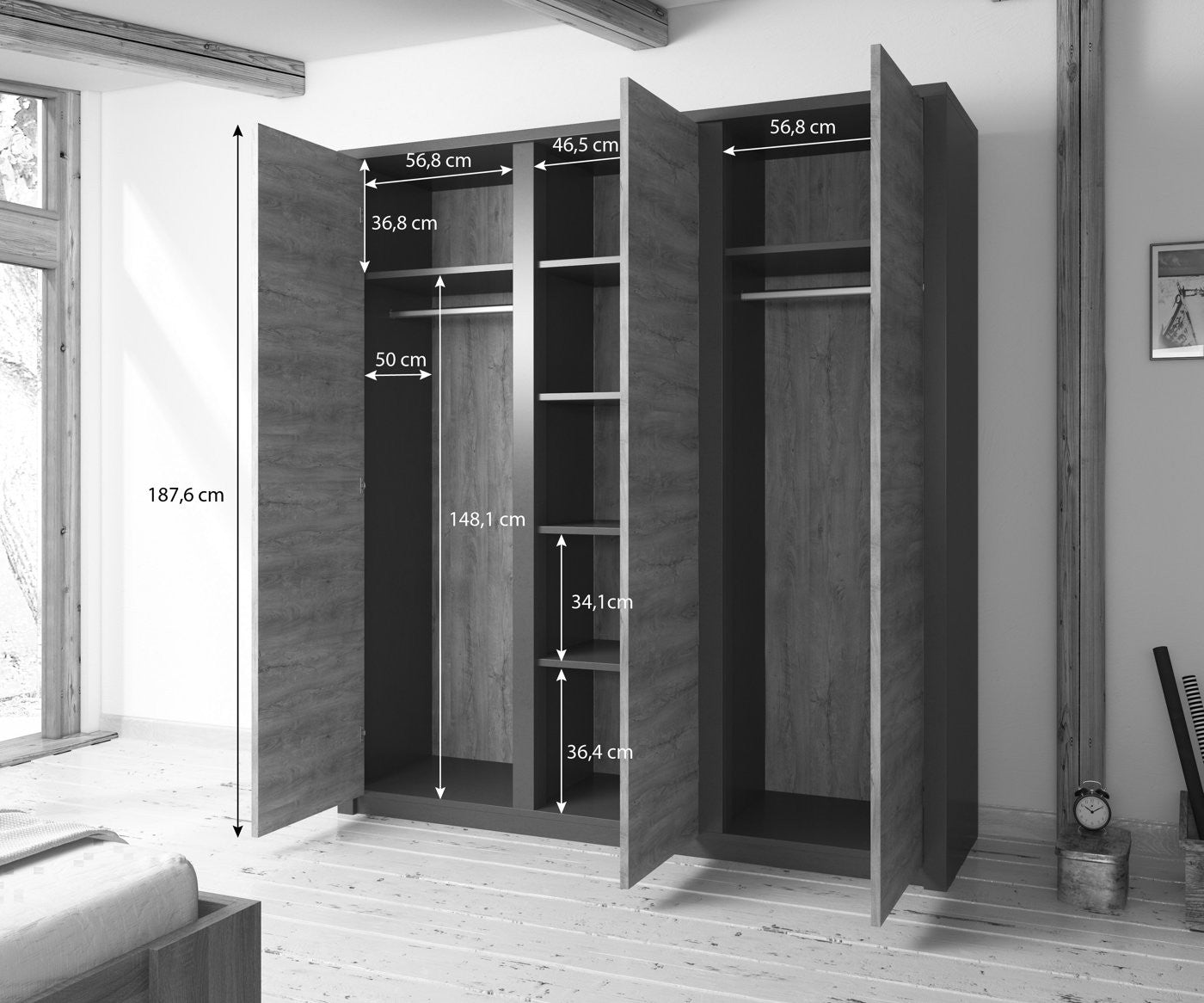Melody - Kledingkast 3-deurs - Wit/eiken - 166x53x197 cm