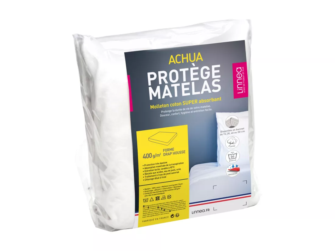 Protège matelas 170x220 cm ACHUA Molleton coton 400 g/m2 bonnet 40cm