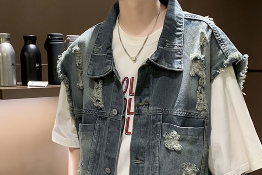 Filmas - Distressed Denim Single-Breasted Vest