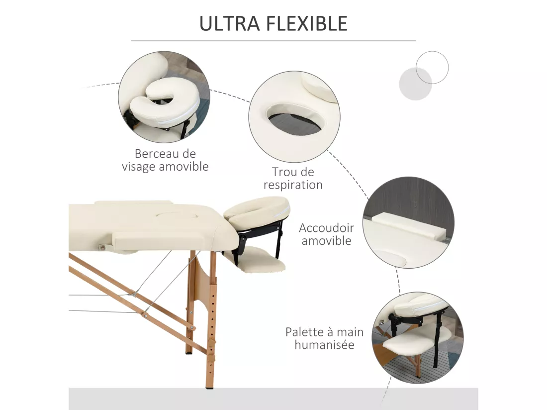 Table de massage pliante lit table de beauté 2 zones portable sac de tranport inclus hauteur réglable dim. 182L x 60l x 61-87H cm bois massif revêtement synthétique crème