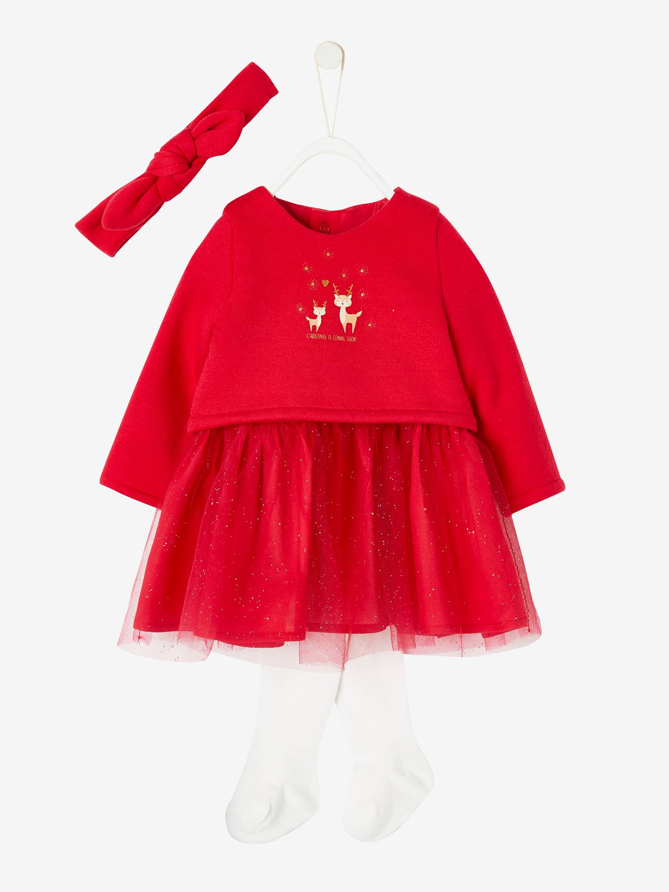 Vestido de festa 2 em 1, tiara e meia-calça, vermelho bebê escuro liso com estampas.