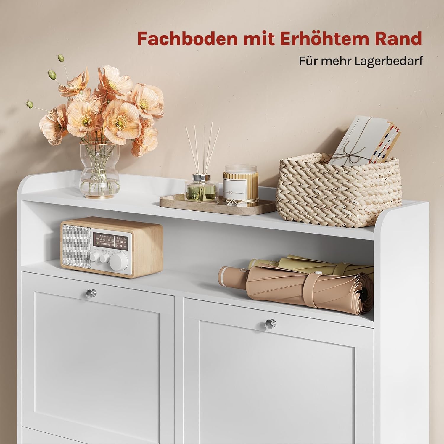 WOLTU Schuhschrank mit 4 Klappen, Schuhregal Schuhkipper schmal, Platzsparend & Robust, für 8-12 Paar Schuhe, Kratzfest, 100 x 107 x 19,5 cm Weiß